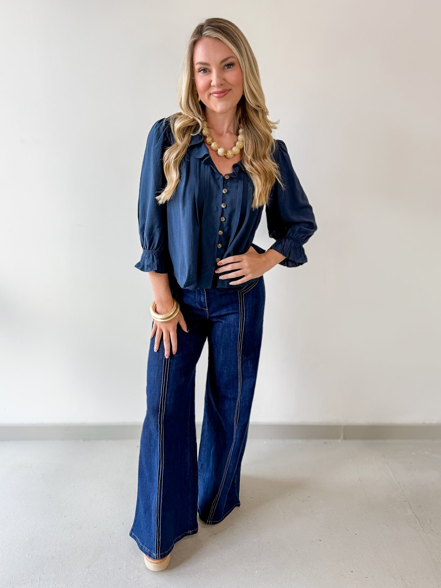 Ruffled V Neck Button Blouse - Navy