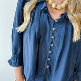 Ruffled V Neck Button Blouse - Navy