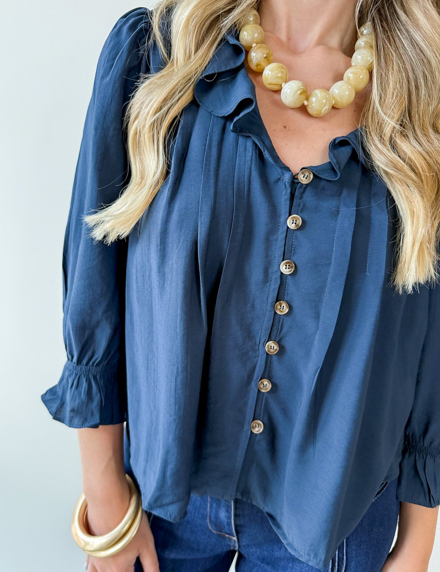 Ruffled V Neck Button Blouse - Navy
