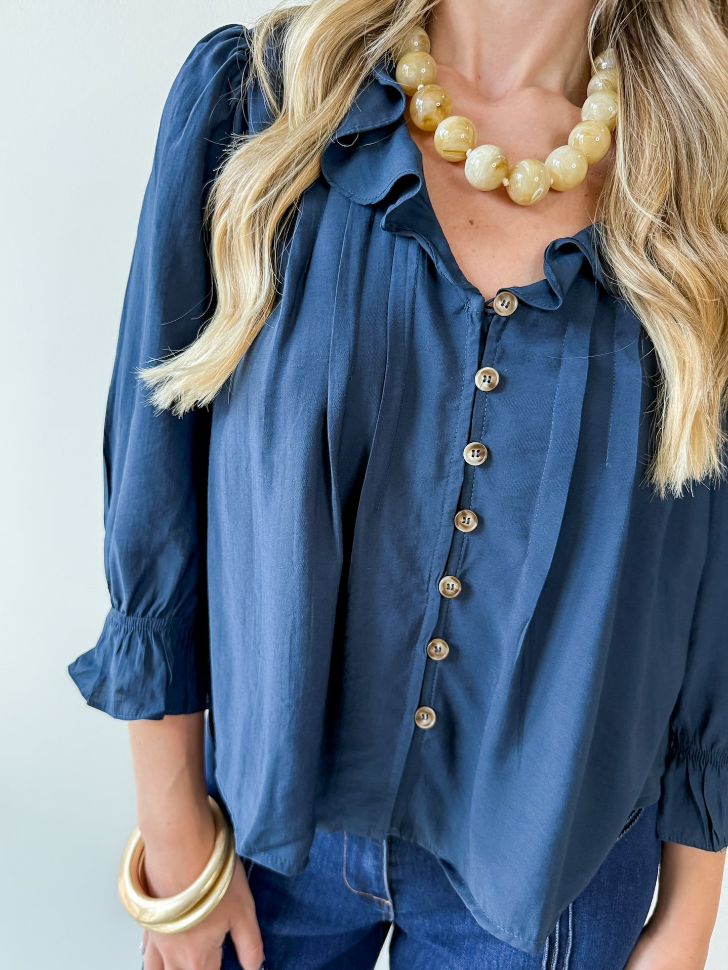 Ruffled V Neck Button Blouse - Navy