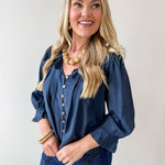 Ruffled V Neck Button Blouse - Navy
