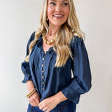 Ruffled V Neck Button Blouse - Navy