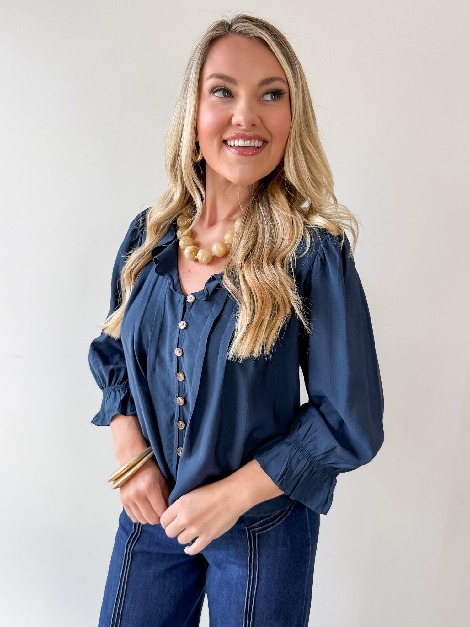 Ruffled V Neck Button Blouse - Navy