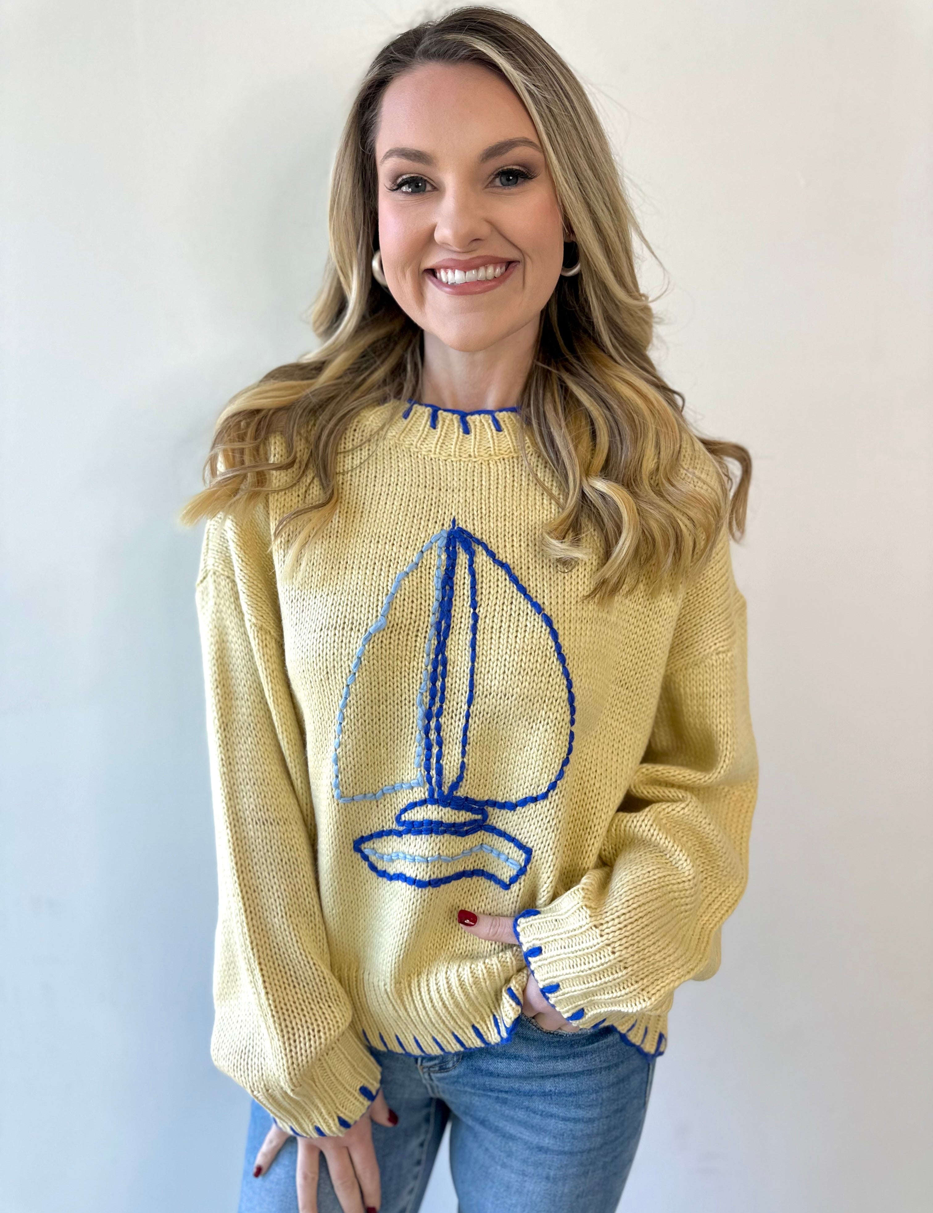 Sailboat Embroidery Sweater - Butter