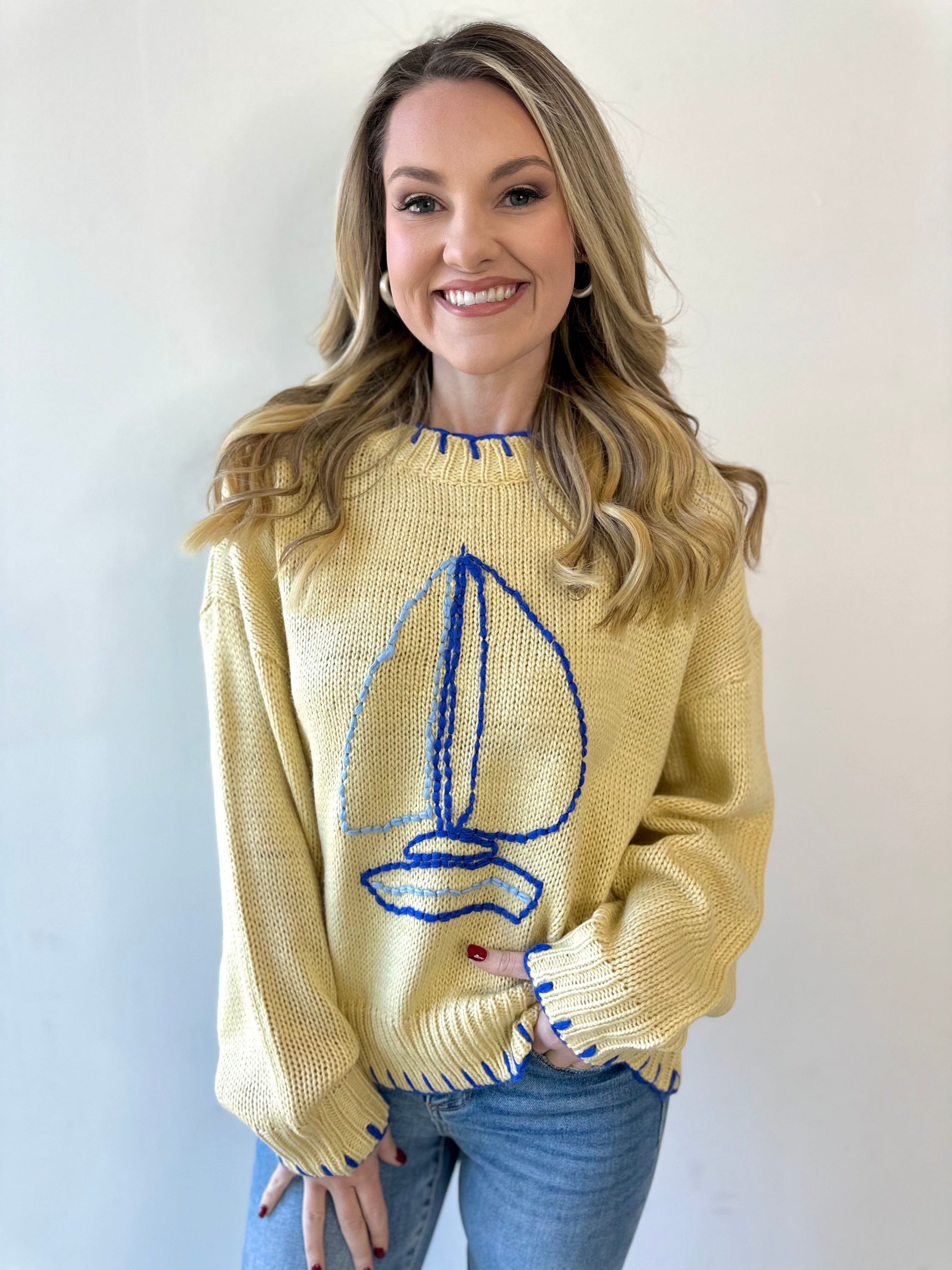 Sailboat Embroidery Sweater - Butter