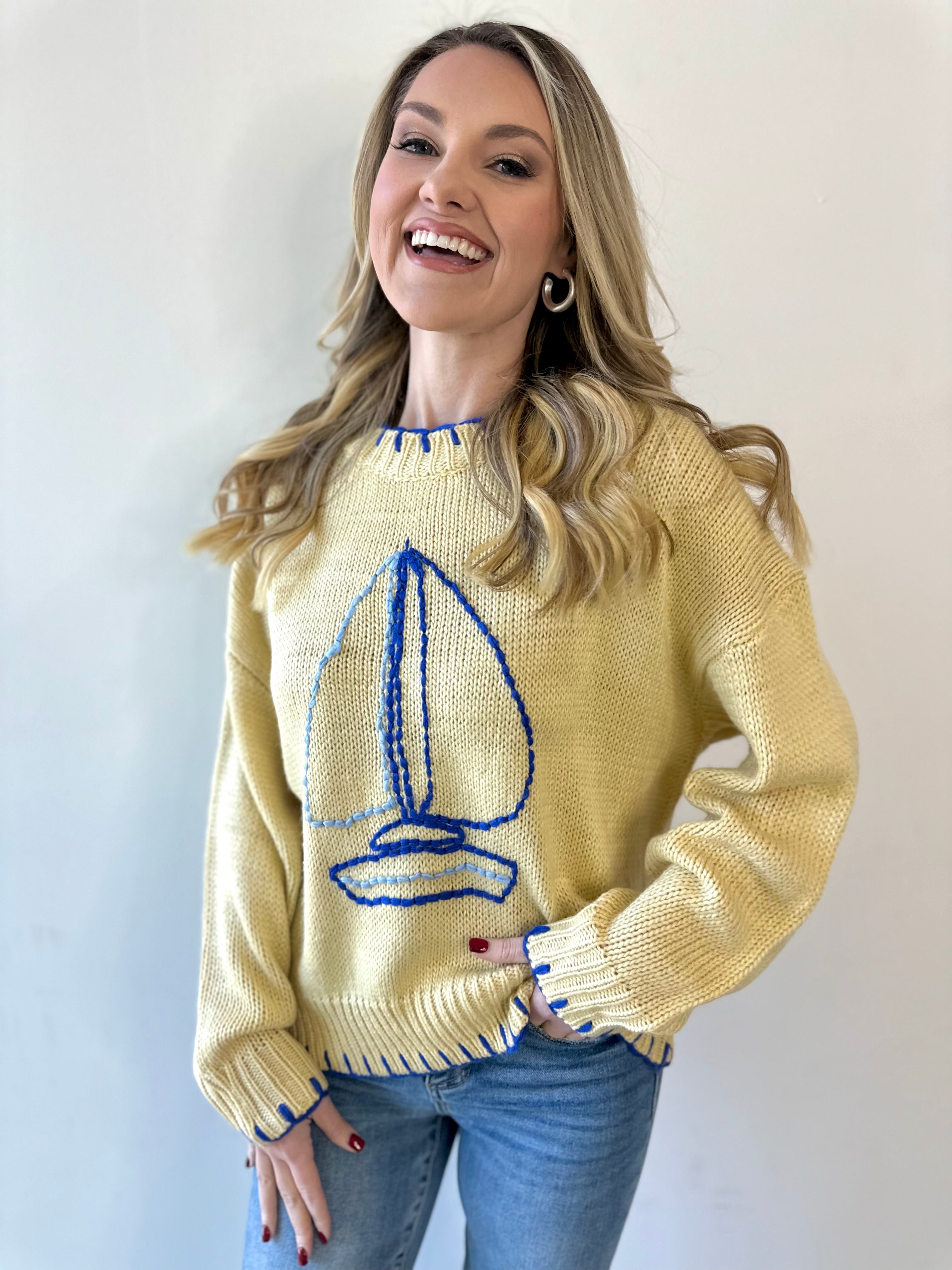 Sailboat Embroidery Sweater - Butter