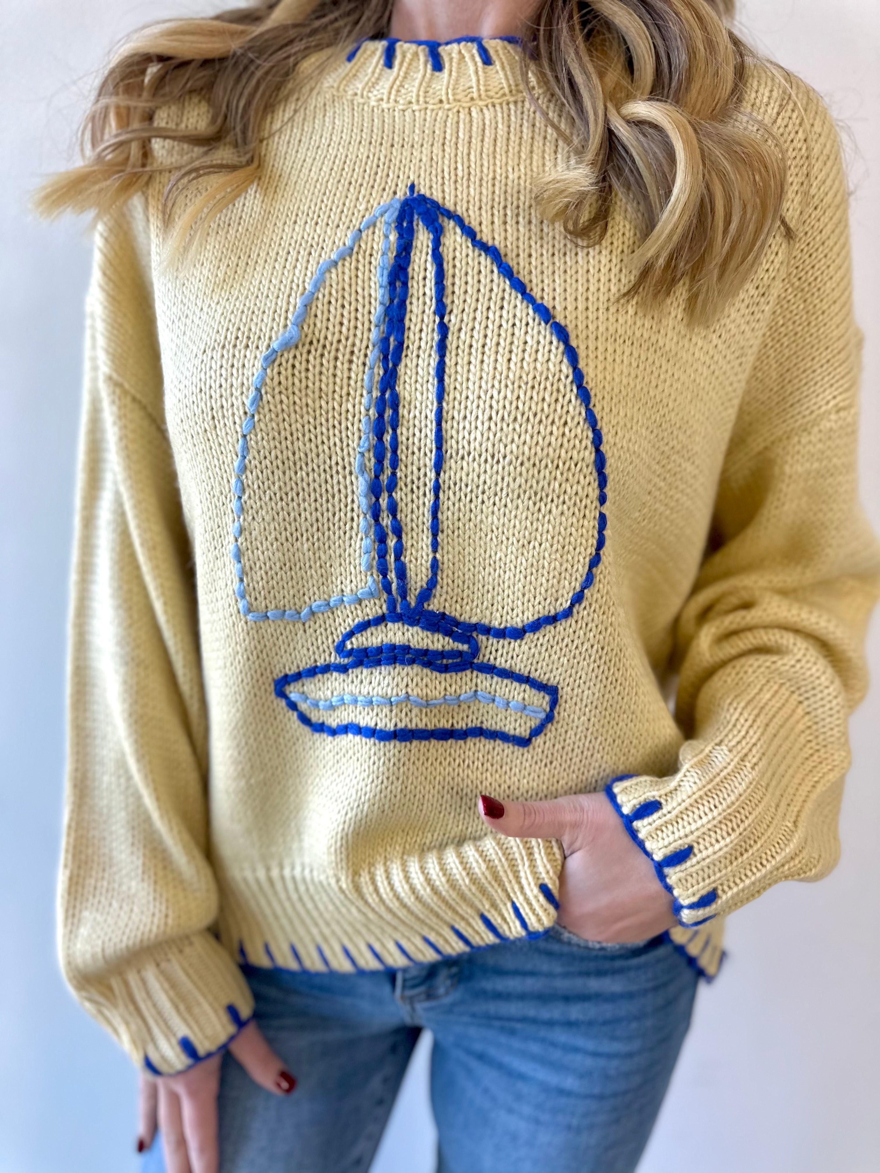 Sailboat Embroidery Sweater - Butter
