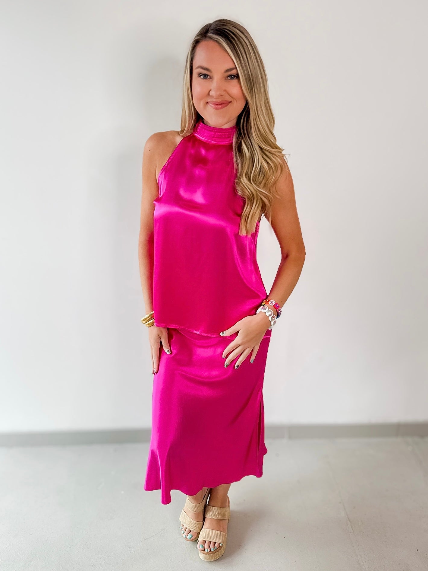 Satin Halter & Midi Skirt Set - Pink