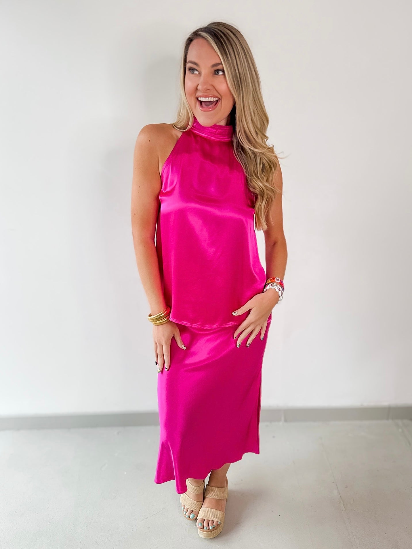 Satin Halter & Midi Skirt Set - Pink
