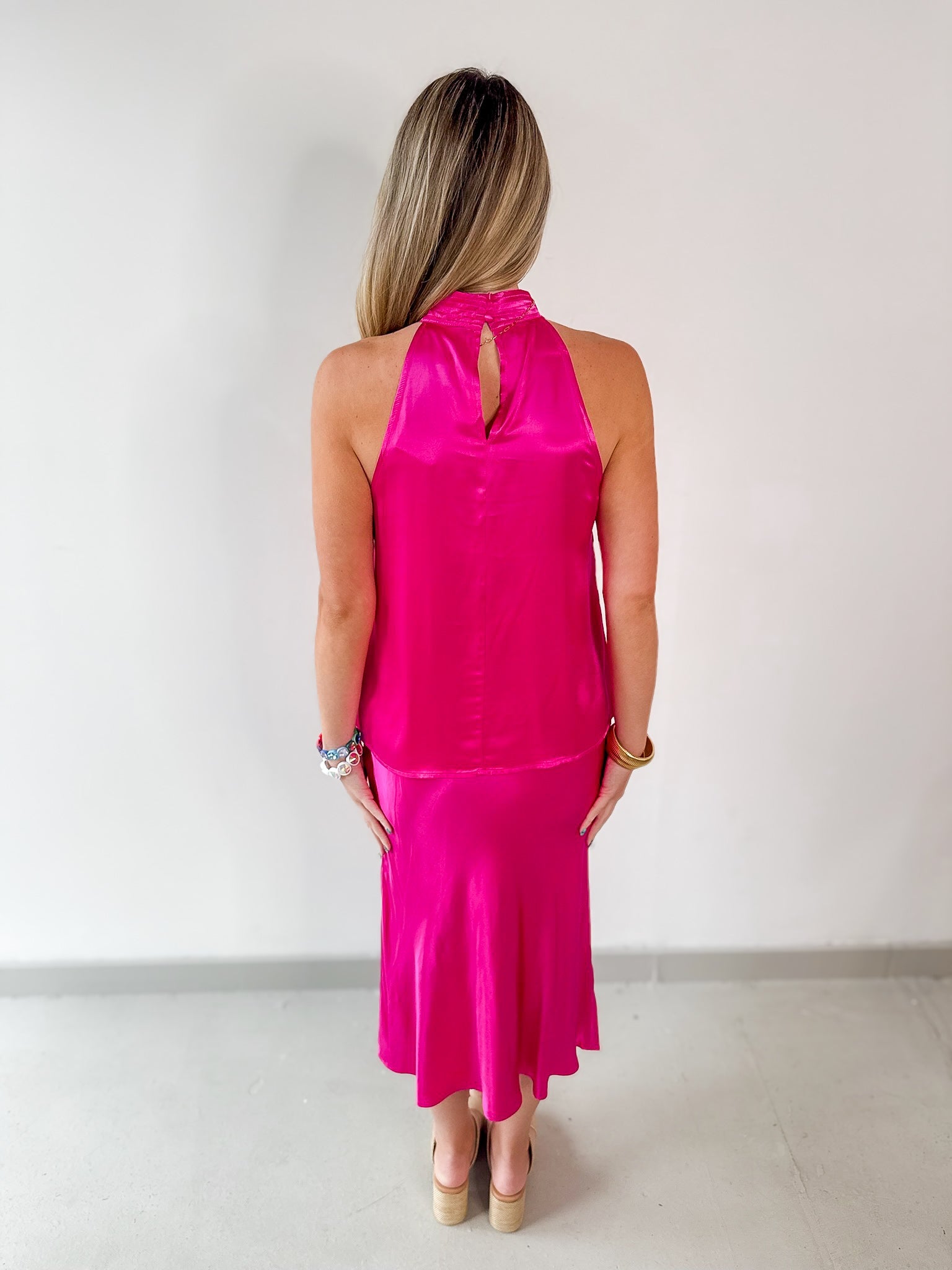 Satin Halter & Midi Skirt Set - Pink