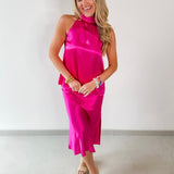Satin Halter & Midi Skirt Set - Pink