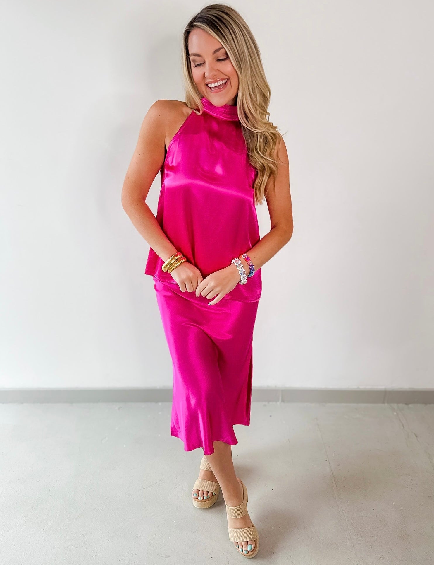 Satin Halter & Midi Skirt Set - Pink