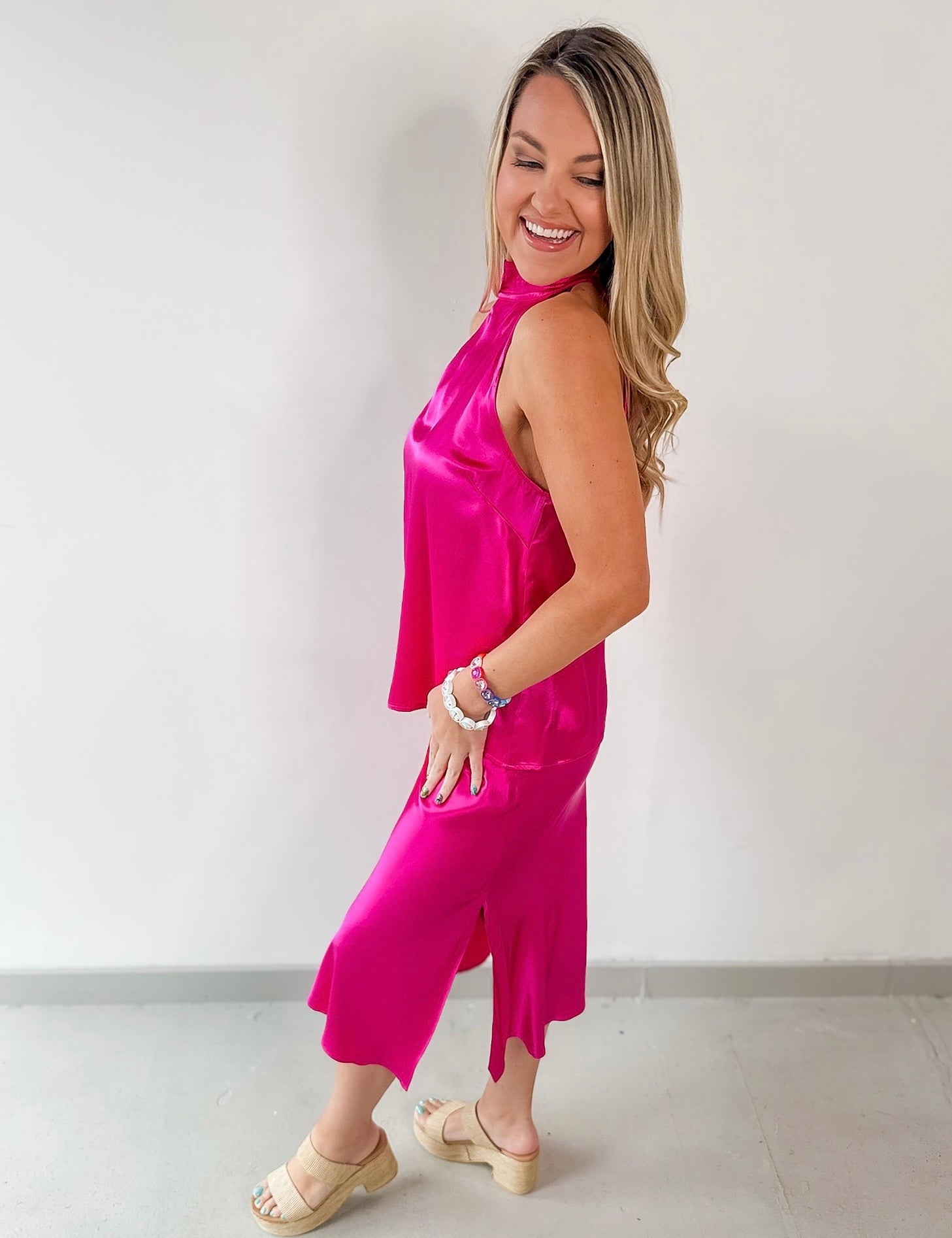 Satin Halter & Midi Skirt Set - Pink