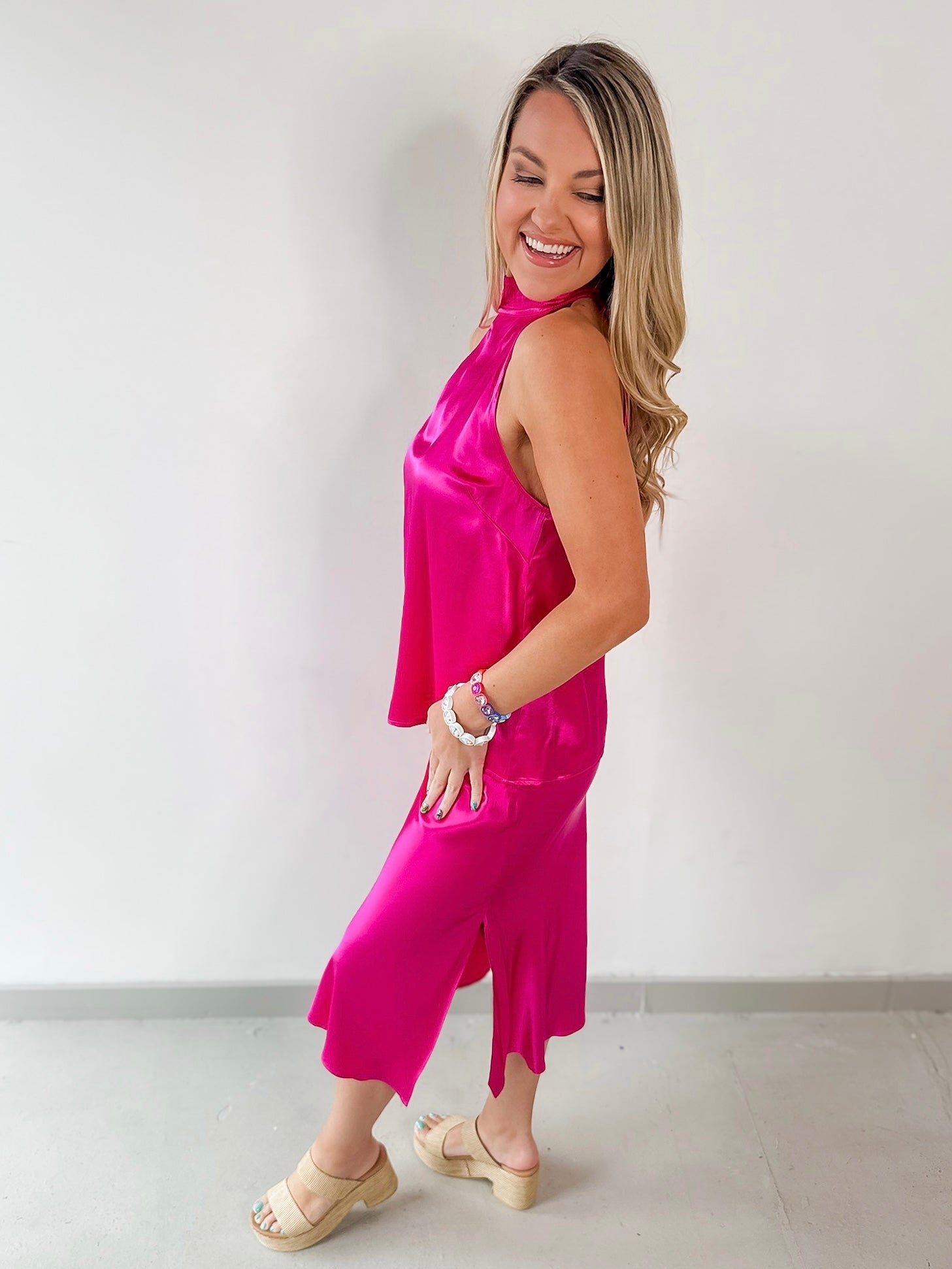Satin Halter & Midi Skirt Set - Pink