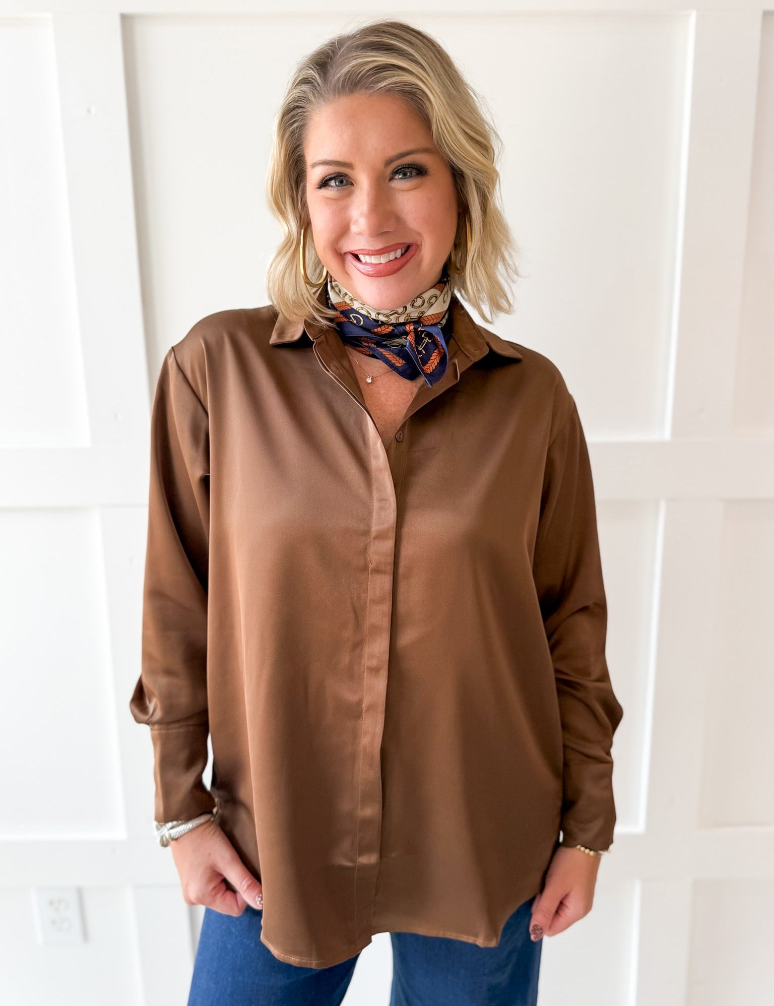 Satin Placket Shirt - Dark Cocoa