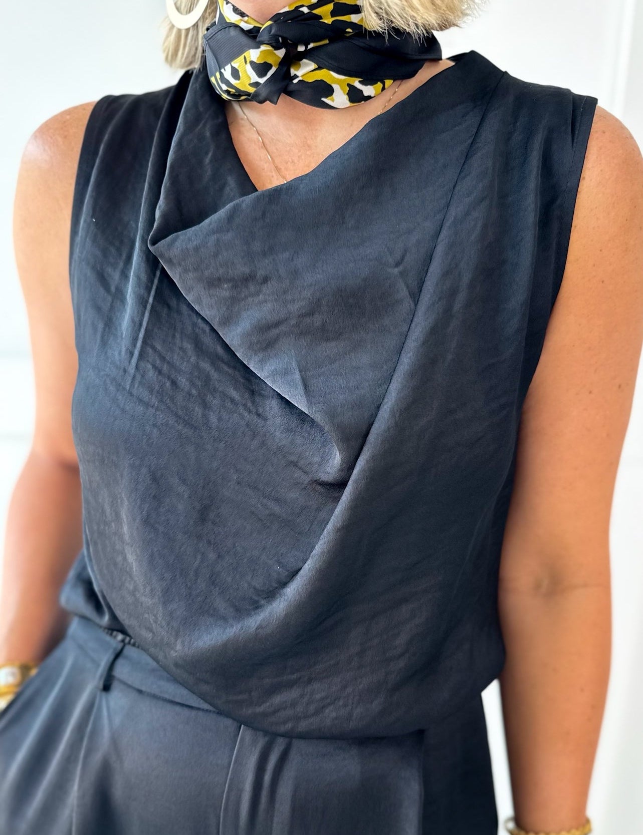 Satin Top & Wide Leg Pants Set- Black