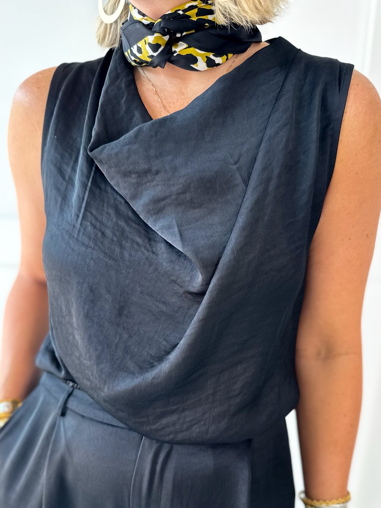 Satin Top & Wide Leg Pants Set- Black