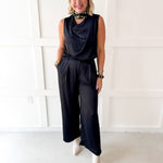Satin Top & Wide Leg Pants Set- Black