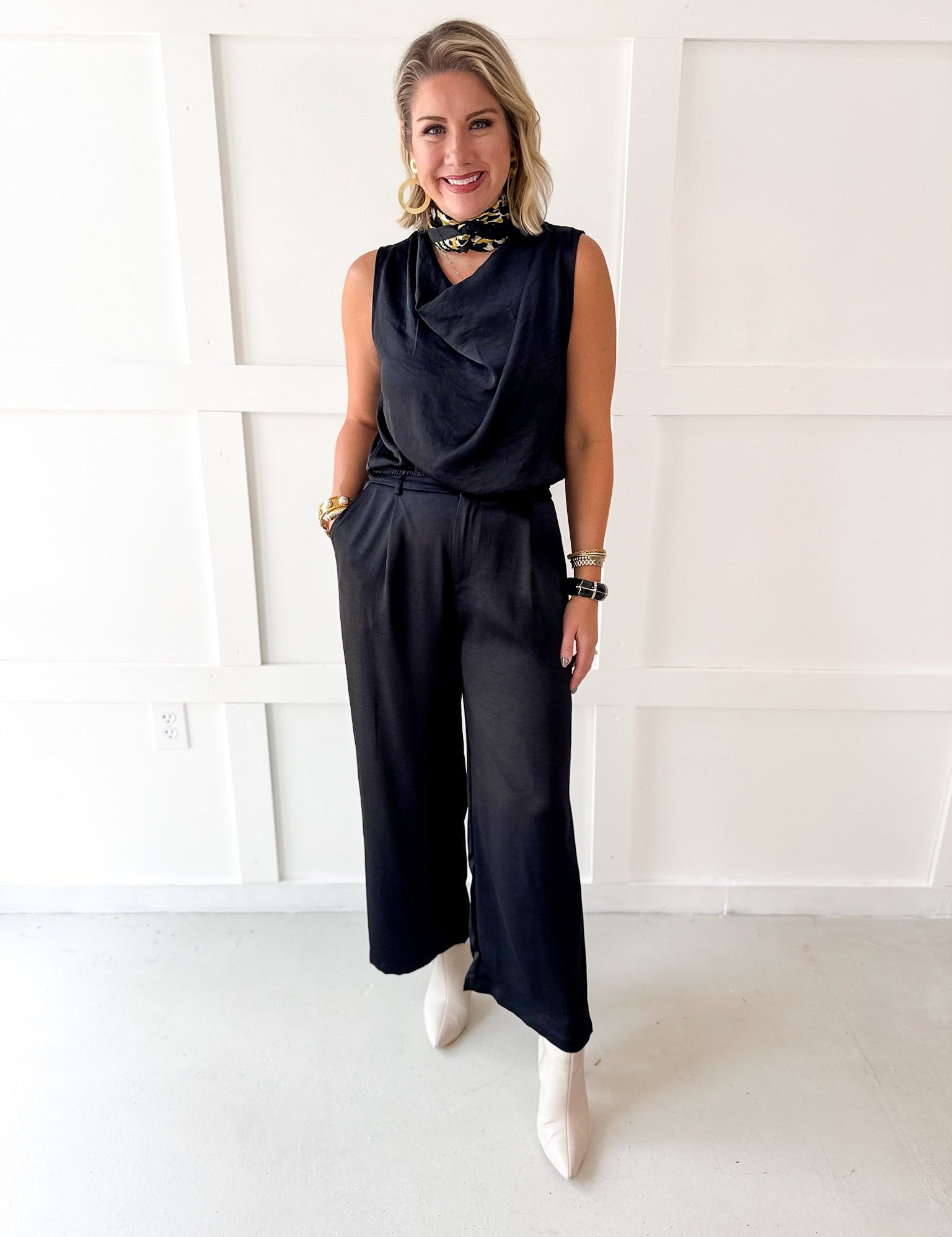 Satin Top & Wide Leg Pants Set- Black