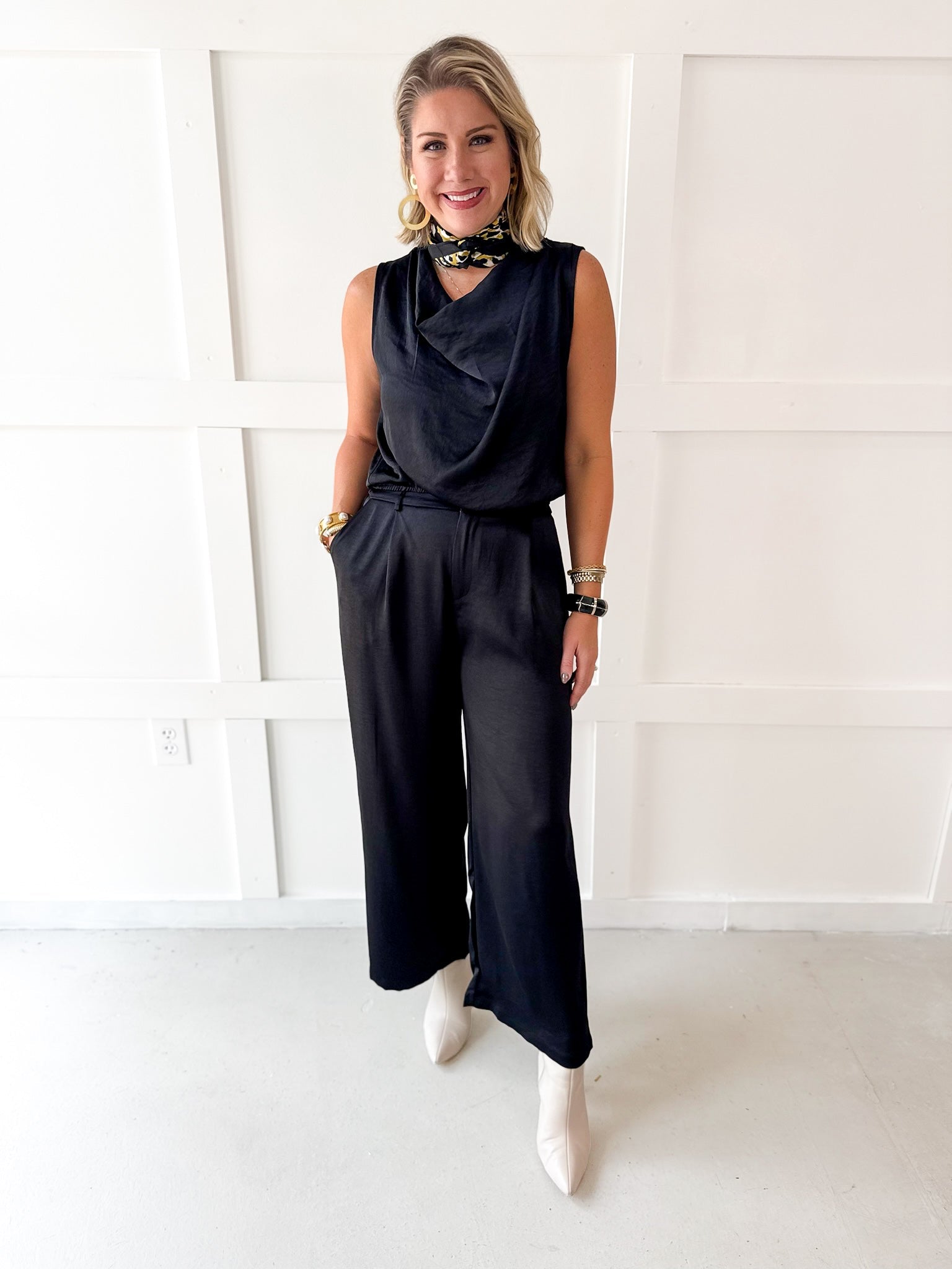 Satin Top & Wide Leg Pants Set- Black
