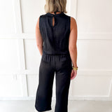 Satin Top & Wide Leg Pants Set- Black