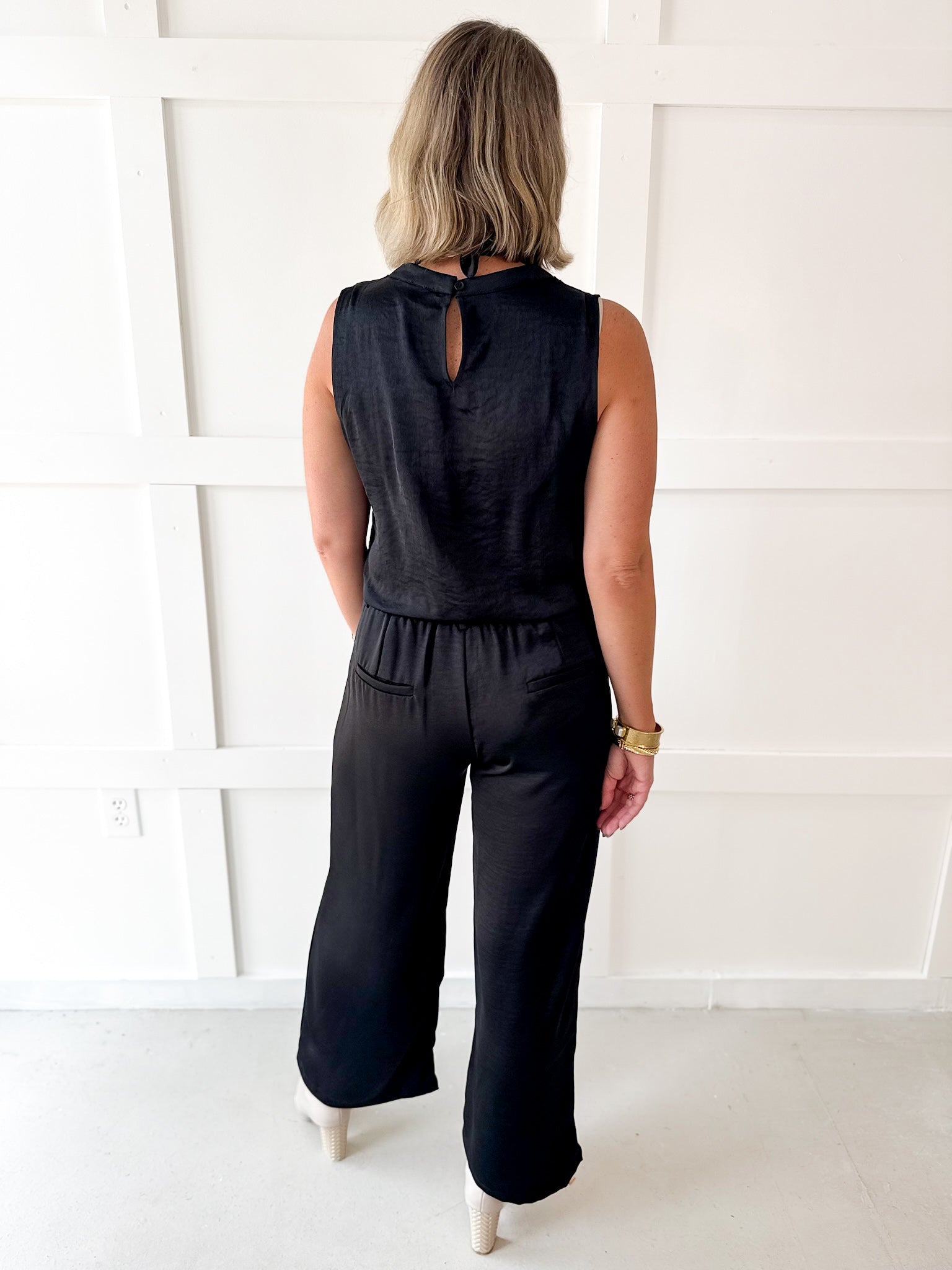 Satin Top & Wide Leg Pants Set- Black