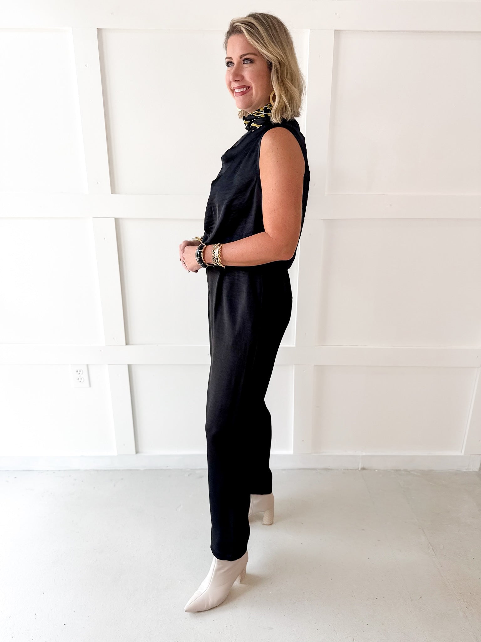 Satin Top & Wide Leg Pants Set- Black