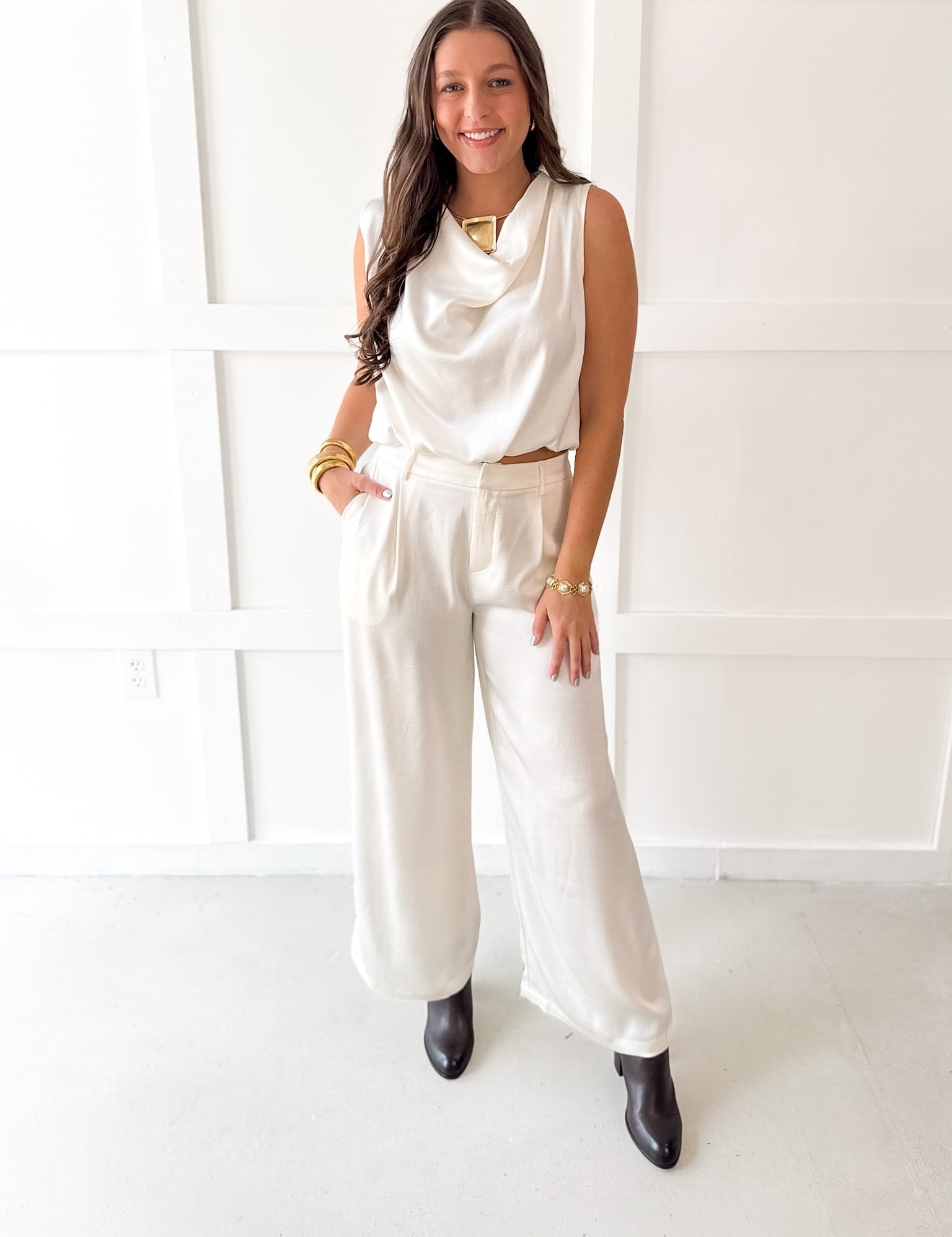 Satin Top & Wide Leg Pants set - Cream