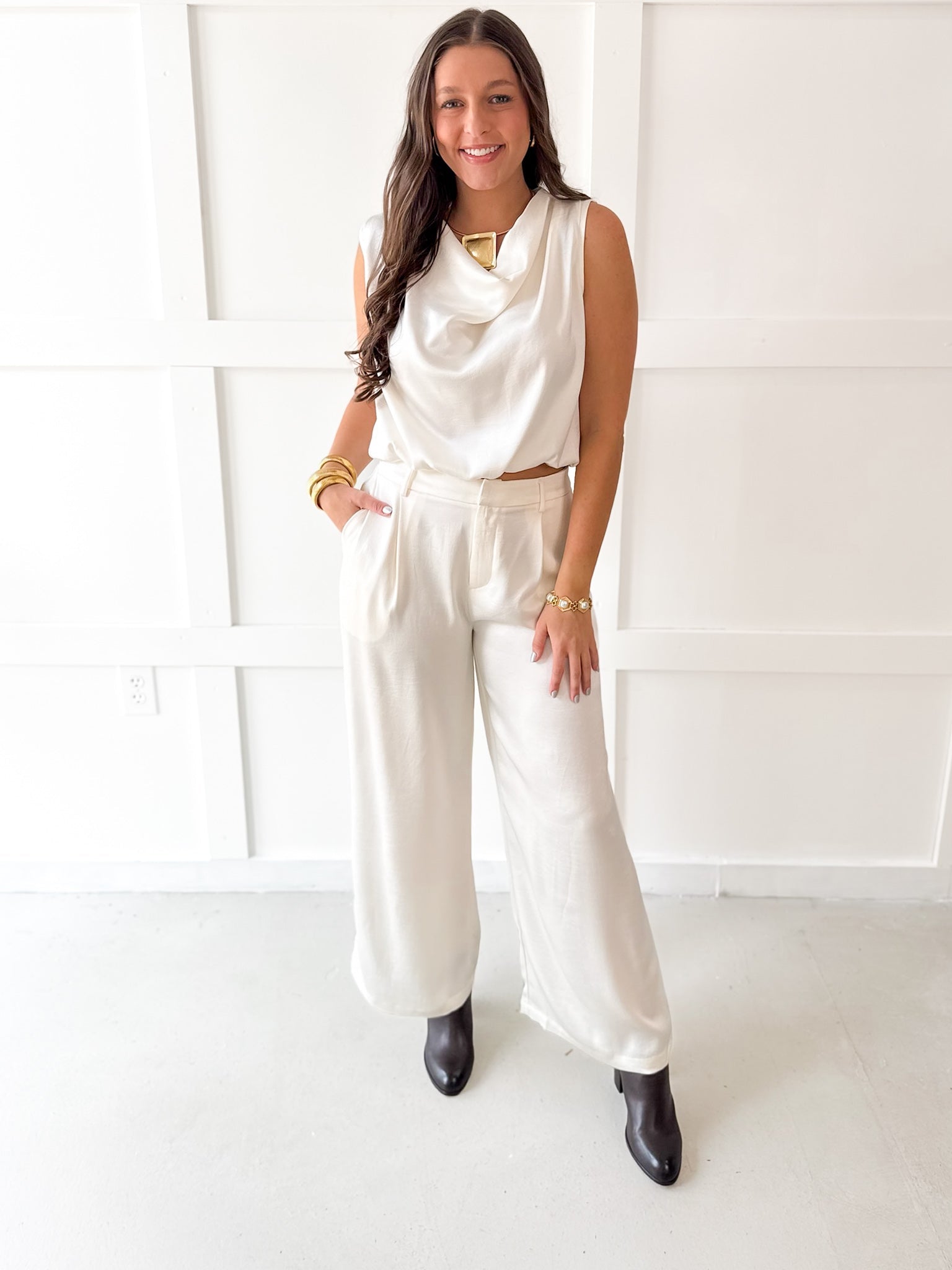Satin Top & Wide Leg Pants set - Cream