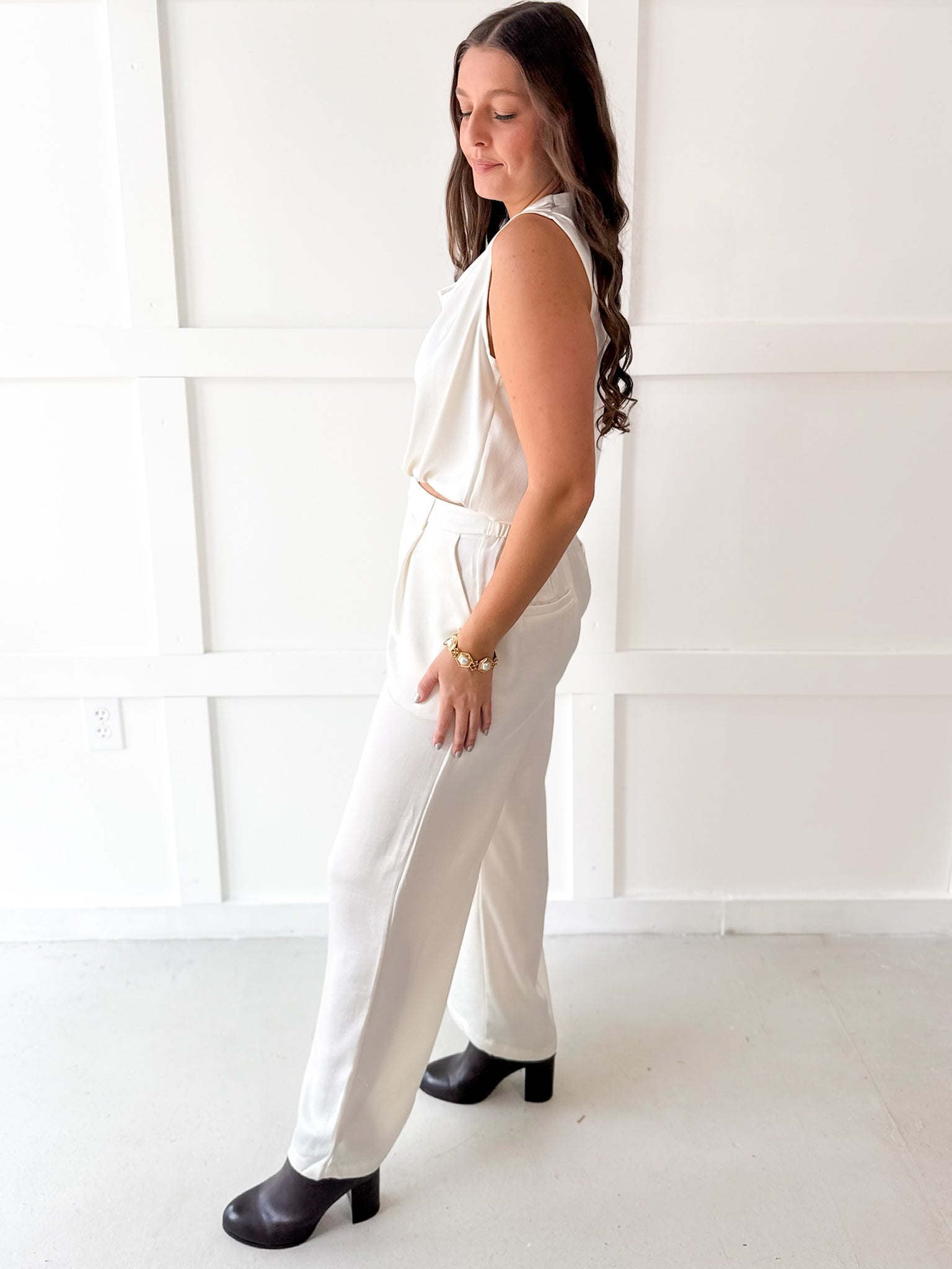 Satin Top & Wide Leg Pants set - Cream