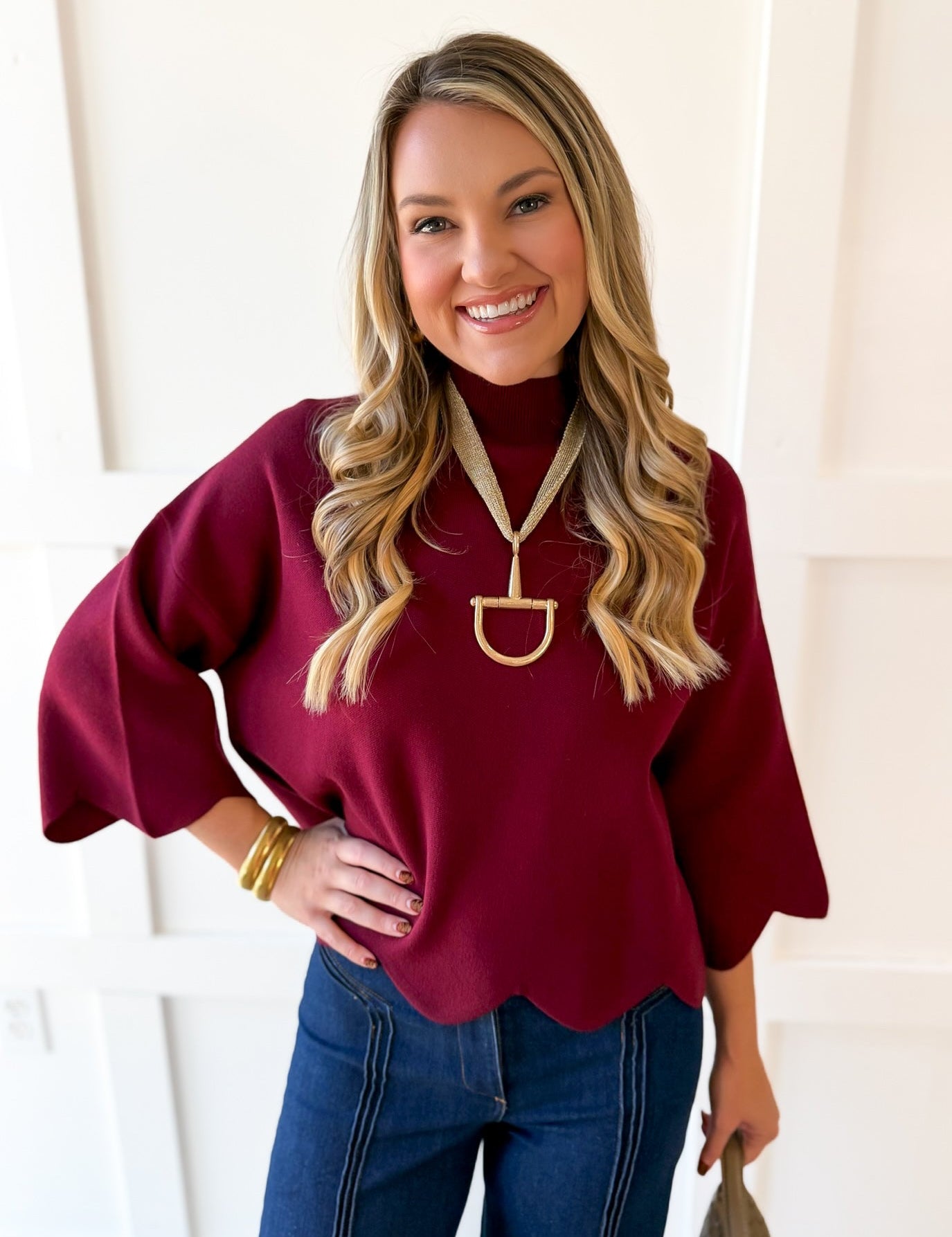 Scallop Cape Style Knit Top - Merlot