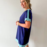 Scallop Edge Accent Solid Dress - Navy