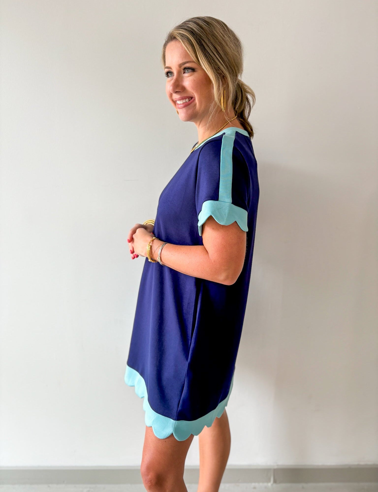 Scallop Edge Accent Solid Dress - Navy
