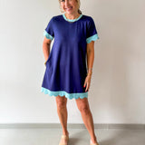 Scallop Edge Accent Solid Dress - Navy