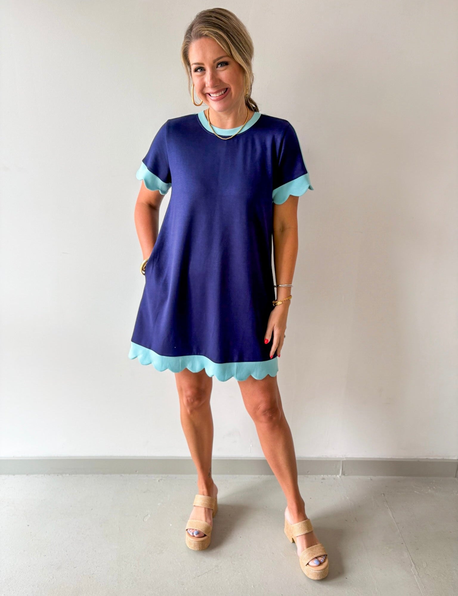 Scallop Edge Accent Solid Dress - Navy