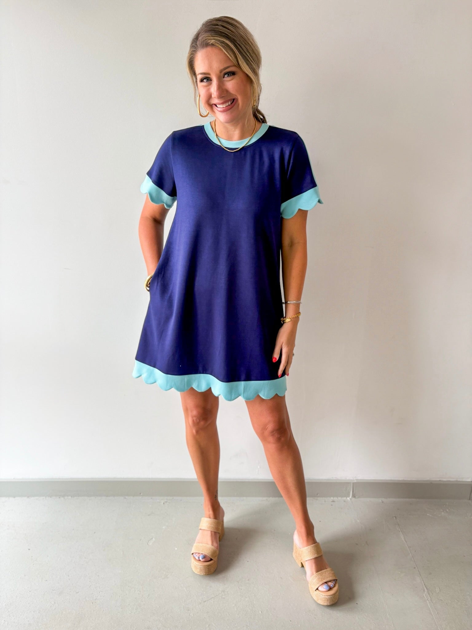 Scallop Edge Accent Solid Dress - Navy