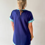 Scallop Edge Accent Solid Dress - Navy