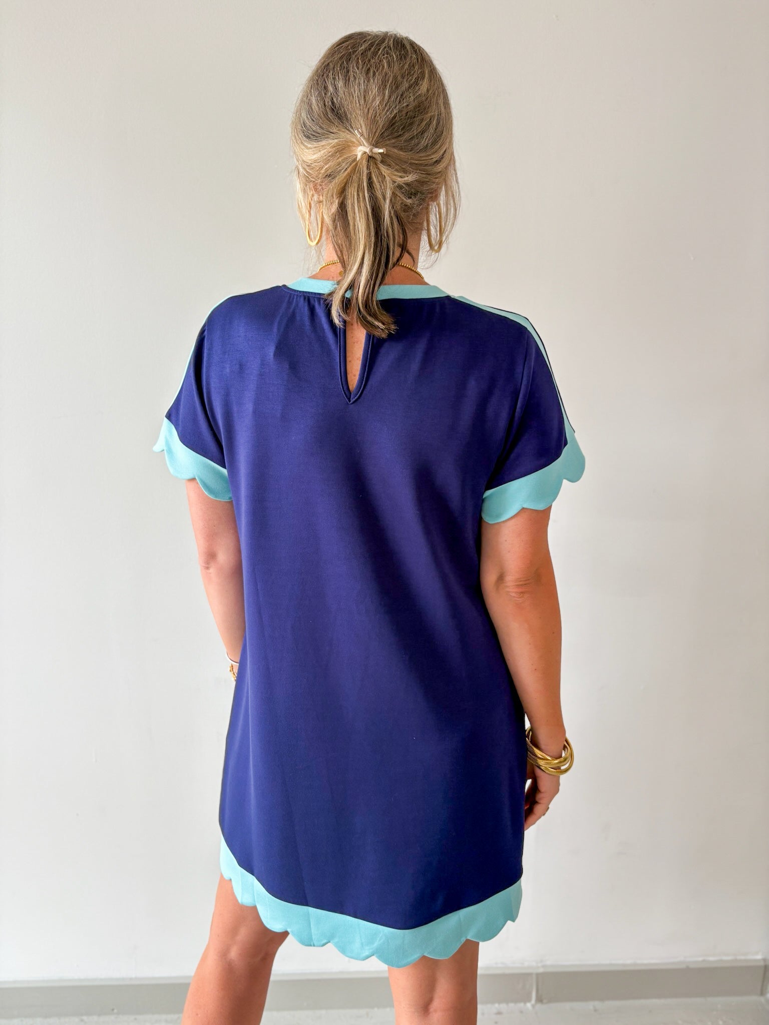 Scallop Edge Accent Solid Dress - Navy