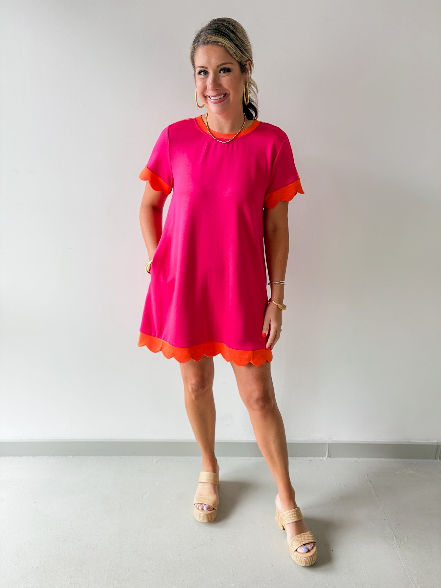 Scallop Edge Accent Solid Dress - Pink
