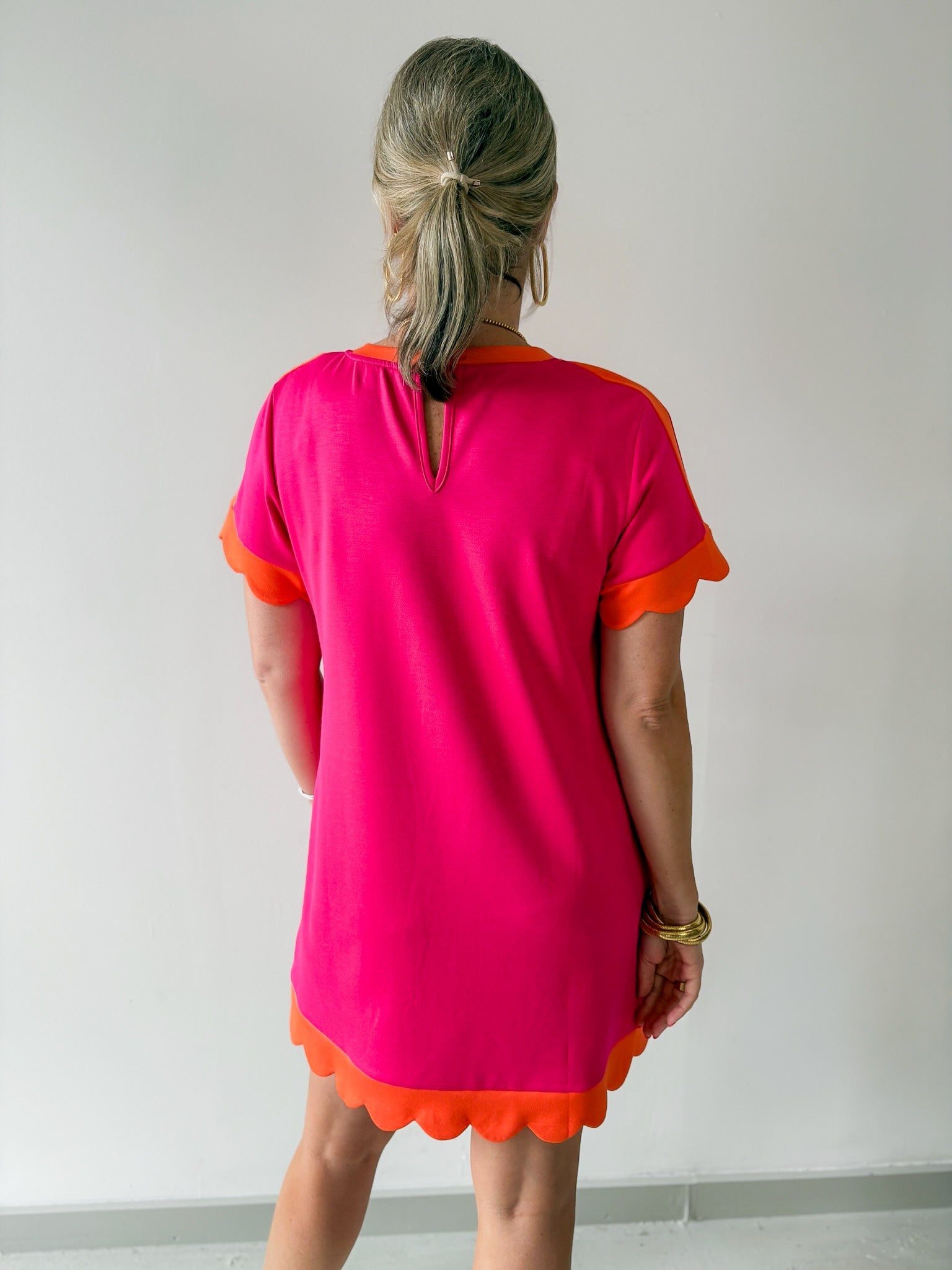 Scallop Edge Accent Solid Dress - Pink