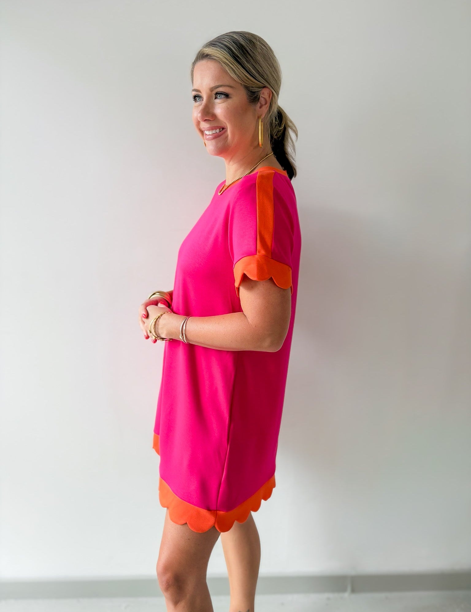 Scallop Edge Accent Solid Dress - Pink