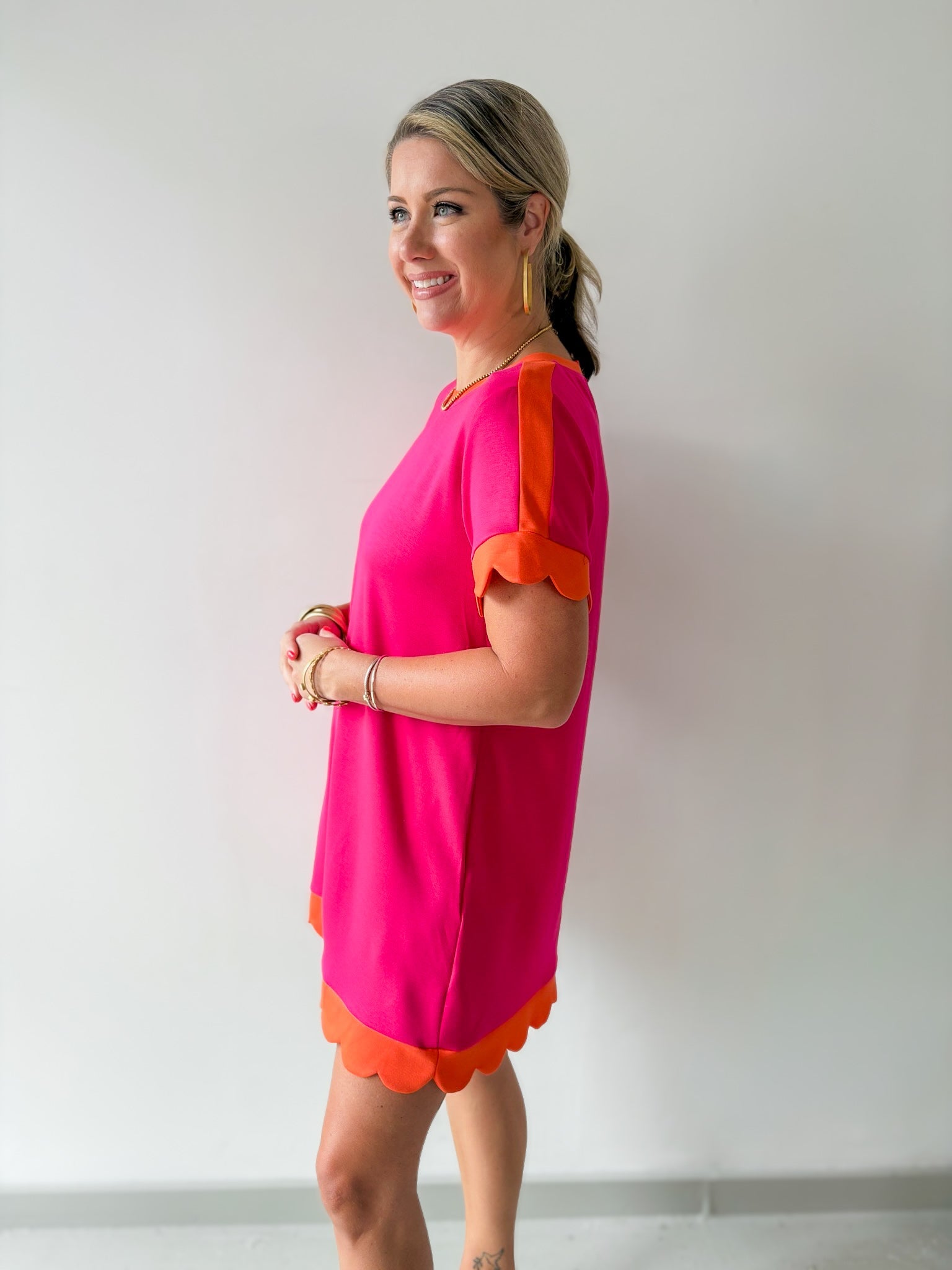 Scallop Edge Accent Solid Dress - Pink