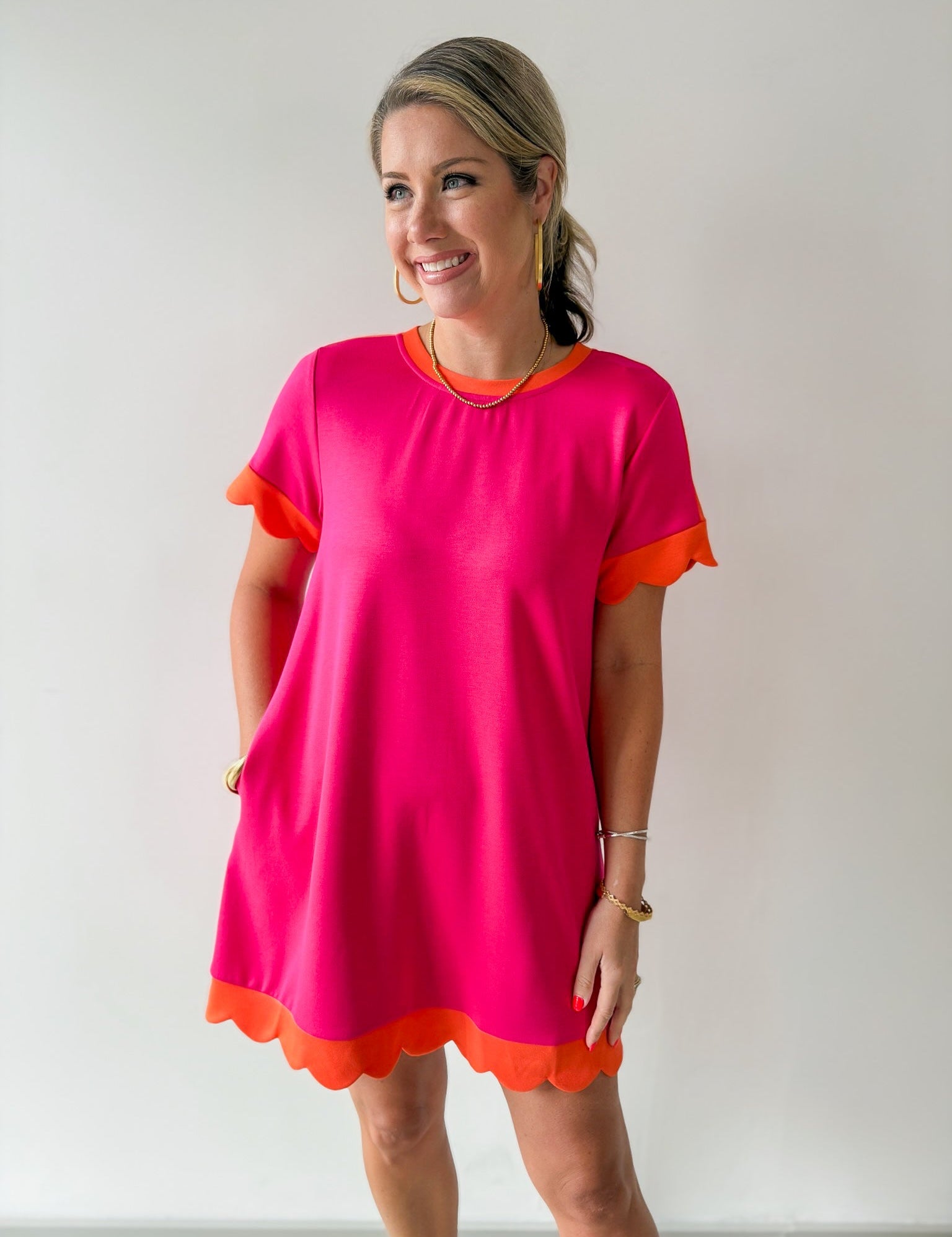 Scallop Edge Accent Solid Dress - Pink