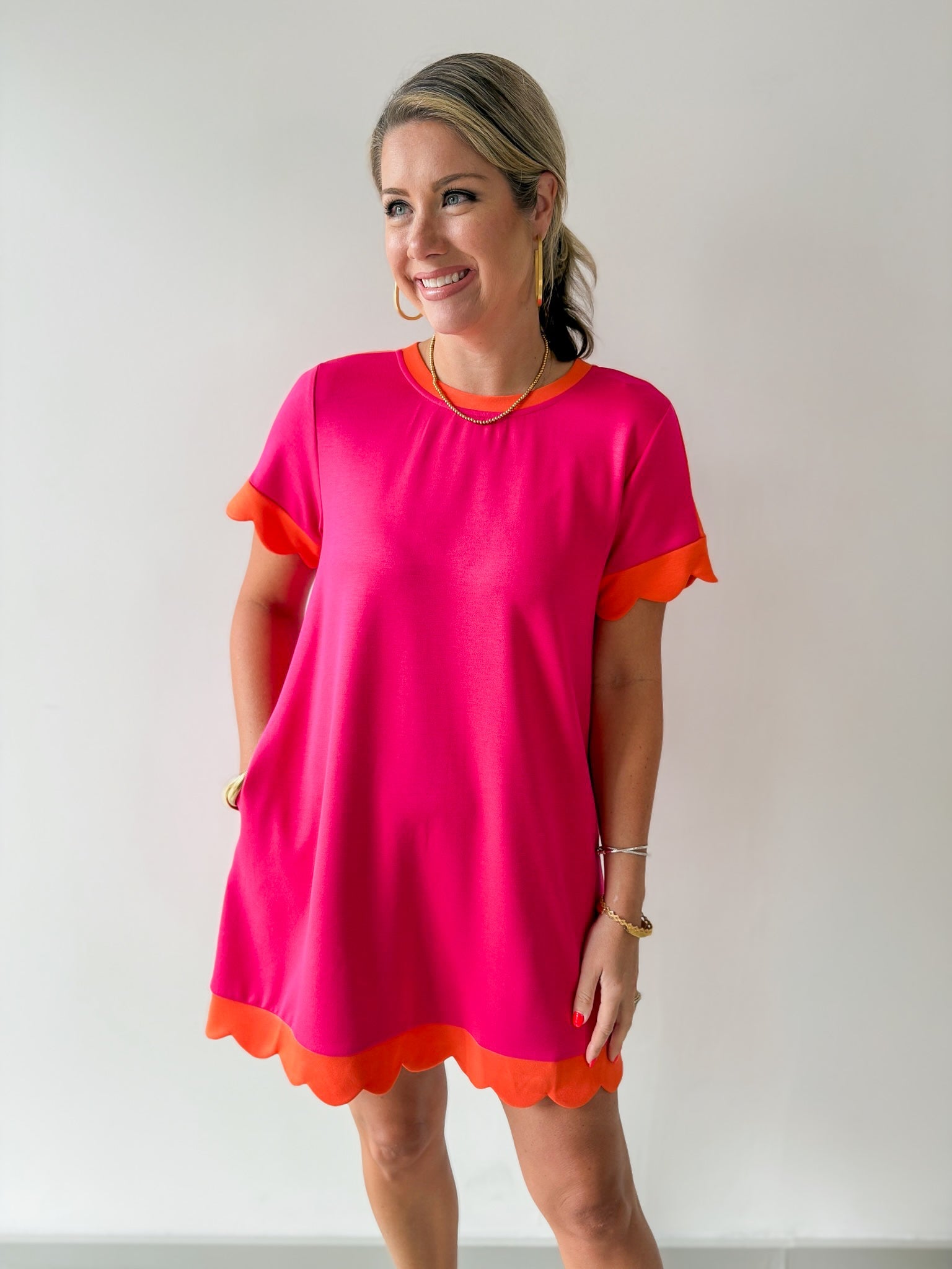 Scallop Edge Accent Solid Dress - Pink