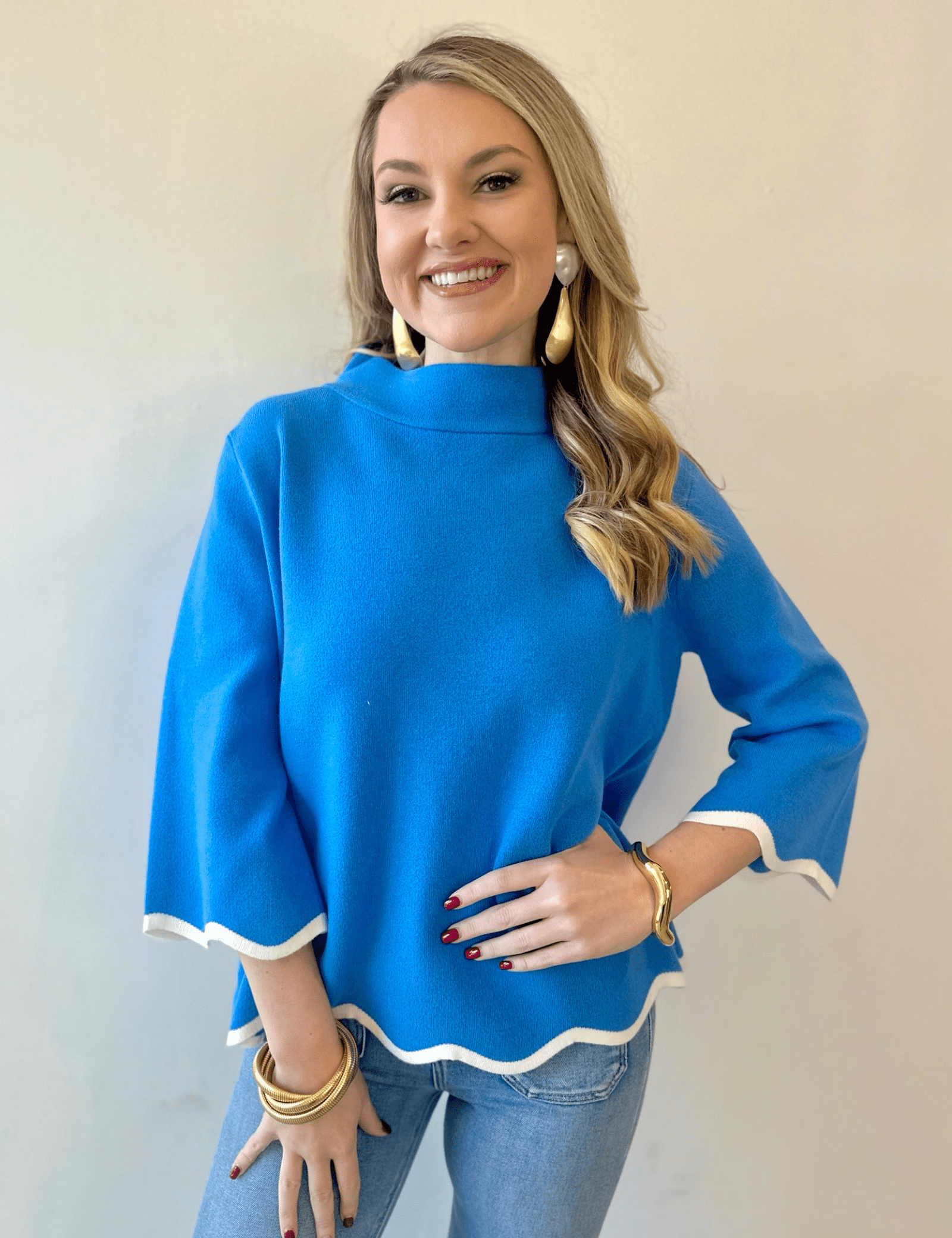 Scallop Edge Mock Neck Sweater