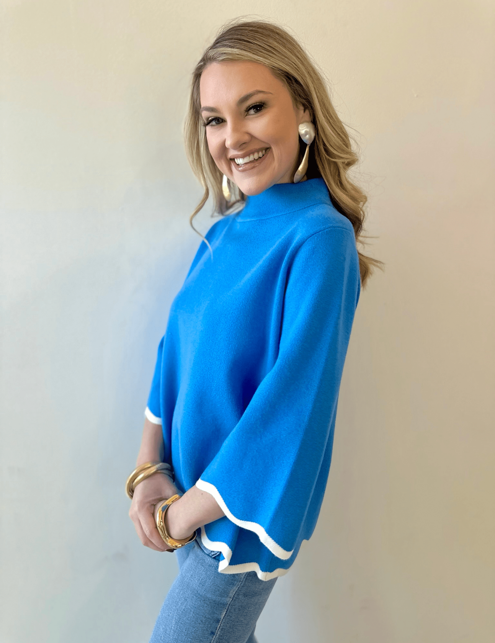 Scallop Edge Mock Neck Sweater