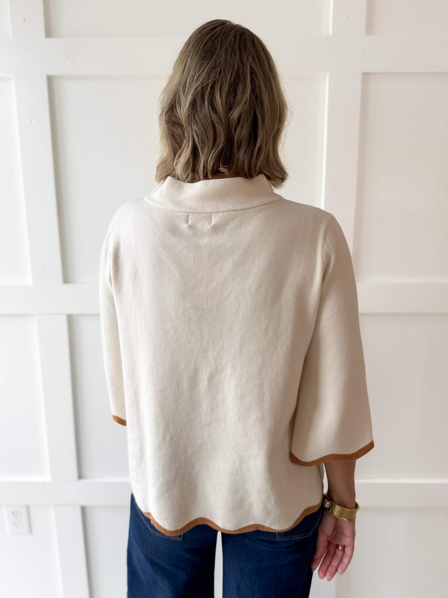 Scallop Edge Mock Sweater - Cream/Camel