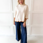 Scallop Edge Mock Sweater - Cream/Camel