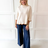 Scallop Edge Mock Sweater - Cream/Camel