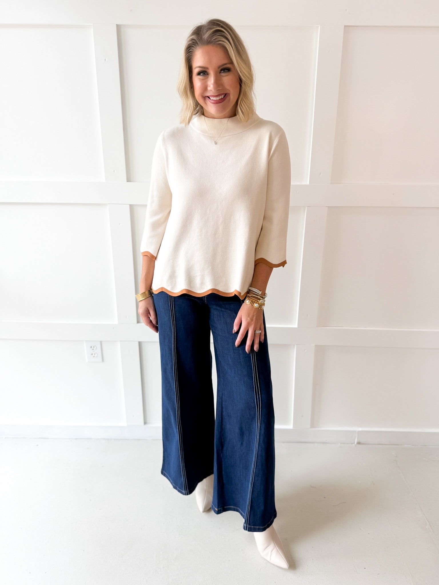 Scallop Edge Mock Sweater - Cream/Camel